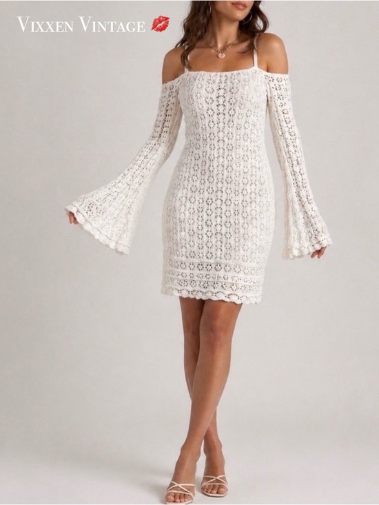 VENUS Dresses & Skirts - VENUS COLD SHOULDER CROCHET BELL SLEEVE BODYCON DRESS IN WHITE